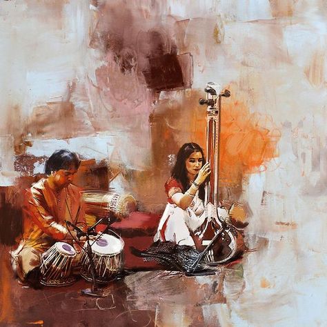 “Everyone wants to blast their music, to impose their voice and opinion, to make noise that is loud enough to cover every other voice around them. I wondered what would happen if we truly gave each other a chance and listened carefully to the tunes played by the fancy or broken instruments of each lonely soul around us?” ― Louis Yako Classical Dance Paintings, Painting Classical, Indian Classical Dancer, Indian Musical Instruments, Pakistani Art, Pakistani Artist, Water Lilies Painting, India Painting, Dancer Painting
