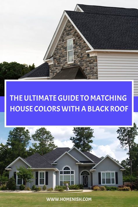 A black roof is a stylish and modern choice for any home. It can add a touch of sophistication and drama to your exterior design. But what house colors go best with a black roof? In this article, we'll explore 11 appealing house colors that will complement your black roof perfectly. Gray House Black Roof, Black Shingles Roof Exterior Colors, Black Roof House Colors Exterior Paint, Dark Roof House Color Schemes, Charcoal Roof House Colors, Black Shingles Roof, Black Roof House Colors, Best House Paint Colors, House Paint Exterior Colour Schemes