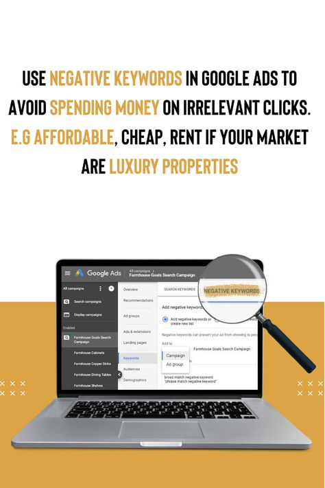 Stop wasting money on irrelevant clicks! Learn how to use negative keywords effectively in your Google Ads campaigns to target the right audience and maximize your ROI. Say goodbye to budget drain with these expert tips. #GoogleAds #PPC #DigitalMarketing Marketing Strategies, Real Estate Advertising, Realtor Marketing, Google Ads, Ad Campaign, Real Estate Marketing, Marketing Agency, Marketing Tips, Budgeting