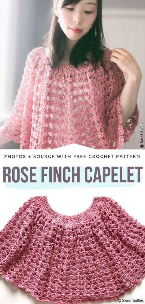 Rose Finch Capelet Free Crochet Pattern Stunning vintage lace is light and feminine. This capelet will be a perfect addition for romantic dinners but also a stylish everyday accessory. #crochetponcho Rose Finch, Poncho Ideas, Crochet Capelet Pattern, Crochet Caplet, Pink Poncho, Capelet Pattern, Crochet Baby Poncho, Crochet Capelet, Crochet Cape