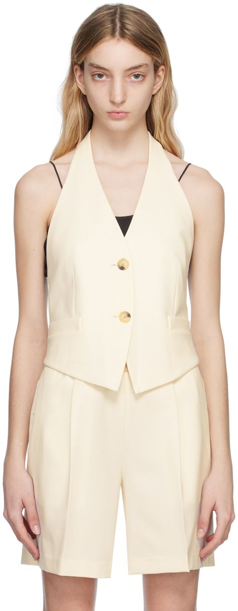 Find Helmut Lang Off-white Halter Vest on Editorialist. Stretch virgin wool and polyester-blend twill vest. · V-neck · Button closure · Mock welt pockets at front · Fixed halter strap · Adjustable cinch strap at open back Supplier color: Ivory Hoi An, Types Of Trousers, Halter Vest, Waistcoat Woman, Boyfriend Blazer, Tailored Design, Tailored Blazer, Menswear Inspired, Blazer Fashion