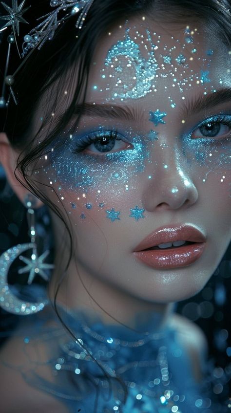 Acotar Inspired Makeup, Blue Iridescent Makeup, Cloudy Makeup Look, Galaxy Themed Makeup, Moon Themed Makeup, Easy Space Makeup, Siren Makeup Tutorial, Dark Blue Euphoria Makeup, Starry Night Prom Makeup