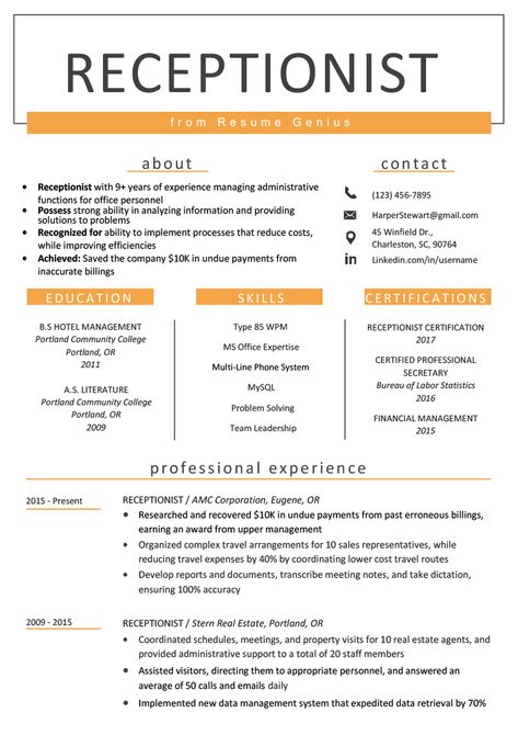 Receptionist Resume Sample & Writing Guide | Resume Genius Administrative Assistant Aesthetic, Receptionist Tips, Receptionist Aesthetic, Receptionist Resume Example, Simple Resume Sample, Receptionist Resume, Federal Resume, Receptionist Jobs, Administrative Assistant Resume