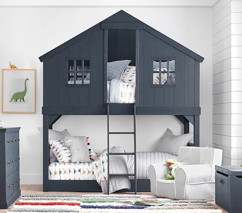 Tree House Twin-Over-Twin Bunk Bed | Pottery Barn Kids Bunk Beds Pottery Barn Kids, Cama Closet, Safe Bunk Beds, Single Bunk Bed, Bunk Bed Loft, House Bunk Bed, Cool Bunk Beds, Low Bed, Twin Loft Bed