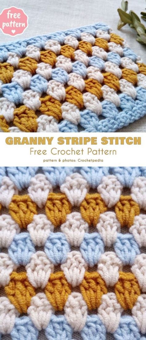 Granny Stripe Stitch Free Crochet Pattern This is a very old-timey stitch that enables you to make stripes of alternate colors and to work in shorter lengths of left-over yarn ends. Free Granny Stitch Crochet Pattern, Granny Stripe Pattern, Granny Crochet Stitch, Crochet Granny Stripe Blanket Pattern, Granny Shell Crochet Pattern, Granny Stripe Crochet Blanket, How To End A Granny Square, Crochet Grid Stitch, Granny Stripes Crochet Pattern