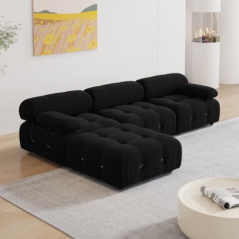 This modular sofa provides the flexibility to mix and match modules, allowing you to create configurations that suit your unique preferences and room layout. Modern Black Couch, Black Sectional Living Room, Salon Couch, Black Sofa Decor, Modular Sofa Living Room, Sofas Ideas Living Room, Black Sofas, Black Couch Living Room, Black And White Sofa