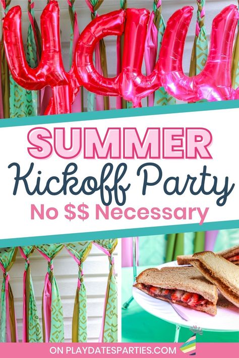 Kick off summer with a fun family last day of school party. Every year we do a first day of summer party / last day of school party for just us and our kids. We raid our home for food and decorations so we can celebrate on a cheap budget. Head over to playdatesparties.com to see all the summer fun, including easy food ideas, decorating ideas and summer activities. School Is Out For Summer Party, Summer Celebration Ideas, End Of School Celebration Ideas, Last Day Of School Decorations At Home, End Of School Party Ideas Kids, Start Of Summer Party For Kids, End Of The School Year Party Themes, 1st Day Of Summer Party, Kickoff To Summer Party