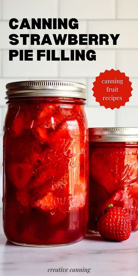 Canning Strawberry Pie Filling: Creative Canning Recipes - There's nothing better than homemade strawberry pie during summer. If you're growing strawberries, this canning strawberry pie filling recipe is a delicious way to go about preserving fruit in jars. When you're ready to bake a pie, simply pop off the lid of your homemade pie filling and pour it into a pie crust. It's that easy. This is one of my favorite canning fruit recipes (and easy strawberry dessert recipes!) to make! Strawberry Pie Filling Recipe Canned, Canning Strawberry Pie Filling, Canned Strawberry Pie Filling, Strawberry Pie Filling Recipe, Strawberry Canning, Fruit In Jars, Homemade Pie Filling, Canning Fruit Recipes, Homemade Strawberry Pie
