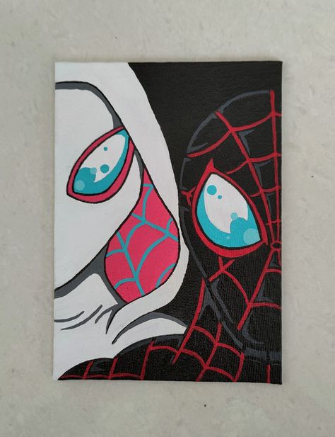 Croquis, Drawing Ideas Spiderman Miles, Miles Morales Spiderman Painting, Posca Pens Art Canvas, Miles Morales And Gwen Stacy Drawing, Miles Morales Canvas Painting, Spiderman And Gwen Drawing, Painting Ideas For Grandparents, Gwen Stacy Painting