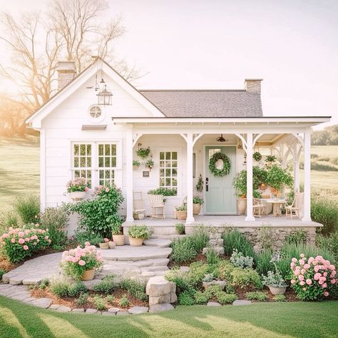 All Posts • Instagram White Cottage House Exterior, Small Cute House, White Picket Fence House, Farmhouse With Wrap Around Porch, Outside Of House, House Exterior Small, Little Cottages, Dream Cottage, Small Cottage