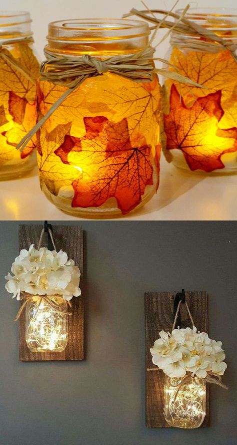 Mason Jar Projects, Hanging Mason Jar Lights, Diy Mason Jar Lights, Kerajinan Diy, Mason Jar Lights, Mason Jar Lanterns, Diy Hanging Shelves, Hanging Mason Jars, Jar Lanterns