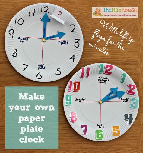 How to make a paper plate clock (pinned by Super Simple Songs) #educational #resources for #children Paper Plate Crafts, Paper Plate Clock, Paper Clock, Paper Plate Crafts For Kids, Bead Crafts Diy, Maths Activities, Teaching Time, Clock For Kids, Math Time