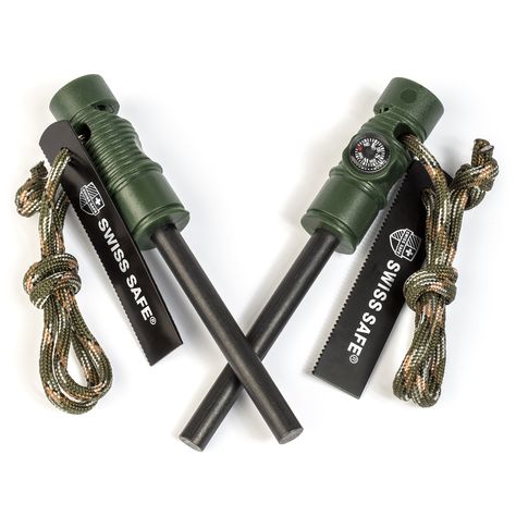 PRICES MAY VARY. INSTANT FIRE: Start fires in any weather conditions, over 16k strikes at 5,500°F with Magnesium Rod GET 2 FIRE STARTERS: Each box includes 2 Fire Starters with unique design MULTI-TOOL DESIGN: Built-in compass, 150dB Whistle, Steel Scraper, 450LB 8core Paracord and Rod COMPACT & LIGHTWEIGHT: More reliable than matches or lighter, weighs less than 2 ounces, 5 inches long OUR PROMISE: Swiss Safe promises customer satisfaction and our items to be free of any manufacturer defects WH Survival Kits, Flint Fire Starter, Camping Gear Survival, Survival Fire, Flint And Steel, Emergency Equipment, Emergency Survival Kit, Survival Items, Paracord Survival