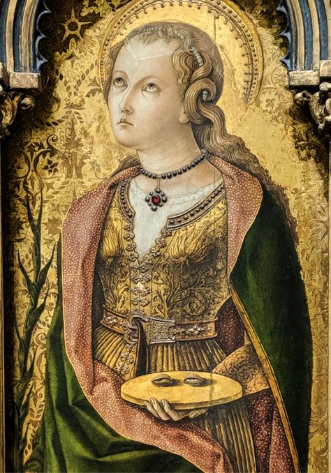 Carlo Crivelli, Saint Lucy, about 1476 At National Gallery, London Woodcut Art, Saint Lucy Costume, Saint Portrait, Carlo Crivelli, St Lucy, Saint Lucy, National Gallery London, Sandro Botticelli, Saint Lucia