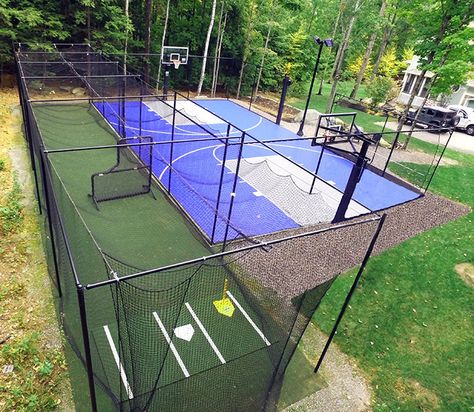 Batting Cage Backyard, Outdoor Sports Court, Home Basketball Court, Backyard Sports, Basketball Court Backyard, Backyard Basketball, Baseball Practice, Batting Cage, Backyard Baseball