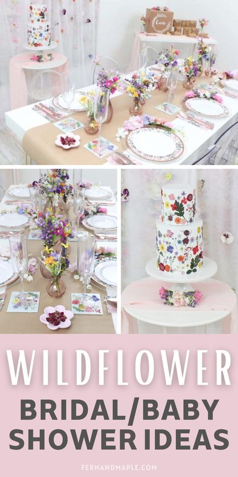 How to throw a Wildflower Shower for the bride or mom-to-be who is Wild at Heart with ideas for DIY Backdrop, DIY Signage, DIY Wildflower Chargers and more! Get details now at fernandmaple.com. Wild Flower Birthday Party Table Decorations, Wildflower Theme Food, Wild Flower Birthday Party Ideas, Wildflower Backdrop Diy, Diy Wildflower Centerpieces, Wildflower Baby Shower Table Decorations, Girl Baby Shower Wildflower Theme, Diy Party Table Decor, Wild Flower Shower Ideas