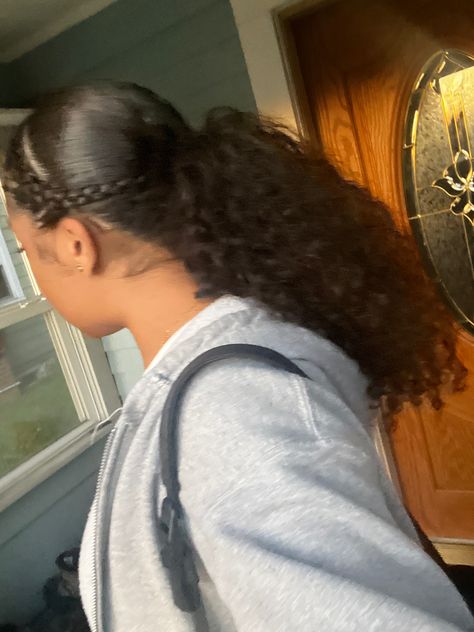 2 Braids And Curls, 2 French Braids With Curly Ponytails, Short Hair Curly Ponytail, French Braid Hairstyles Ponytail, Two Braids Into Curly Ponytail, 2 Braids With Ponytail Natural Hair, Curly Hair Braided Ponytail, Curly Softball Hairstyles, Natural Curls Ponytail