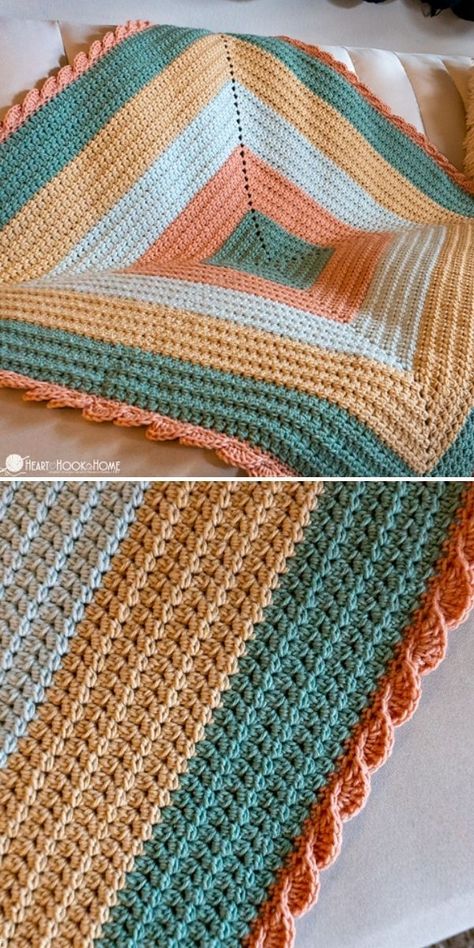 Have you ever heard about the pique stitch? Me neither, but you have a chance to learn how to crochet it by making this amazing blanket by Ashlea. It grows from the center out and is finished with elegant wavy edging. Baby blanket like this is not only beautiful, but also very versatile – it can come in handy in many situations. #freecrochetpattern #crochetpattern #crochetblanket Quick Stitch Crochet Blanket, Free Crochet Square Blanket Patterns, Crochet Blankets From The Center, Crochet Blanket Finishing Edge, Crochet Borders For Afgan, Crochet Blanket Edging Easy, Crochet Wavy Edge, How To Make An Afghan, Center Out Crochet Baby Blanket