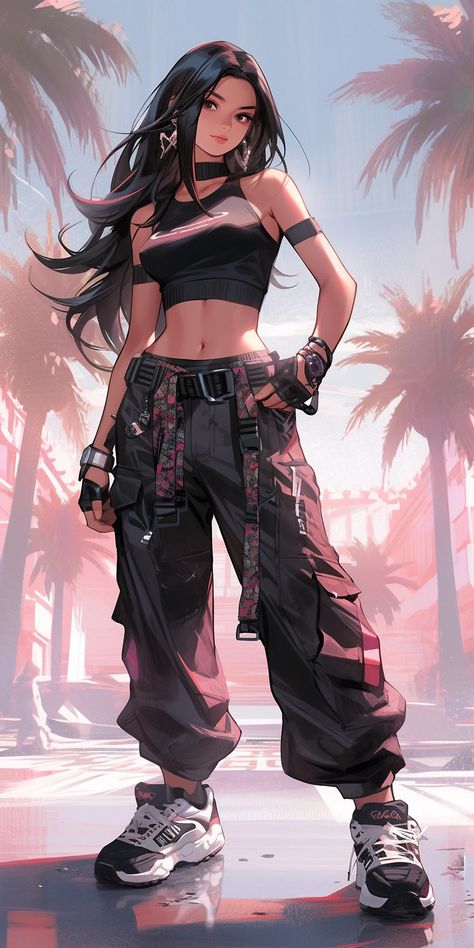 Cyberpunk Anime Female, Sci Fi Princess Character Design, Fantasy Cyberpunk Outfits, Street Wear Anime Art, Sci Fi Streetwear, Anime Sci Fi Character Design, Casual Sci Fi Outfit, Cute Cyberpunk Outfits, Cyberpunk Girl Outfit