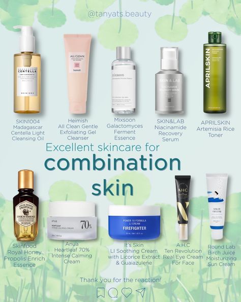 Typically, the main concerns of combination skin are dryness in some areas, along with excessive sebum production, large pores, and occasional inflammation. I am a lucky owner of combination skin myself, and here are some products which I can definitely recommend: ▫️ The cleansers should be gentle yet effective, non-irritating. SKIN1004 Madagascar Centella Light Cleansing Oil and Heimish All Clean Gentle Exfoliating Gel Cleanser are perfect examples. ▫️ Including probiotics and fermented i... Best Oil Cleanser For Combination Skin, Korean Skincare For Combination Skin, Best Cleanser For Combination Skin, Combination Skin Cleanser, Asian Skin Care Routine, Products For Combination Skin, Best Cleansing Oil, Skincare For Combination Skin, Cleanser For Combination Skin