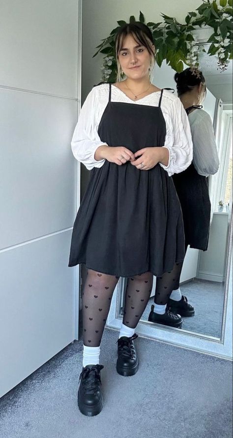 White Socks Doc Martens, Curvy Dresses Casual, Cute Fall Fits Plus Size, Plus Size With Doc Martens, Black Dress With White Long Sleeve Shirt Underneath, White Shirt Goth Outfit, Professional Curvy Outfits, Black And White Outfits Plus Size, Casual Goth Outfits Midsize