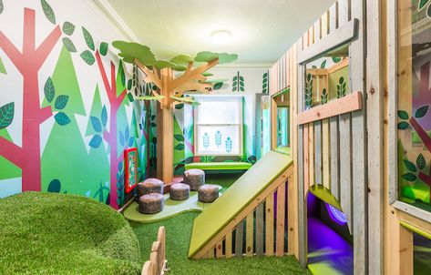 Woodland themed playroom featuring an infinity light, log stools, artificial grass and woodland artwork on the walls and windows. Theme Playroom, Woodland Playroom, Church Nursery Decor, Loft Playroom, Log Stools, Daycare Rooms, Soft Play Equipment, Boys Playroom, Church Nursery