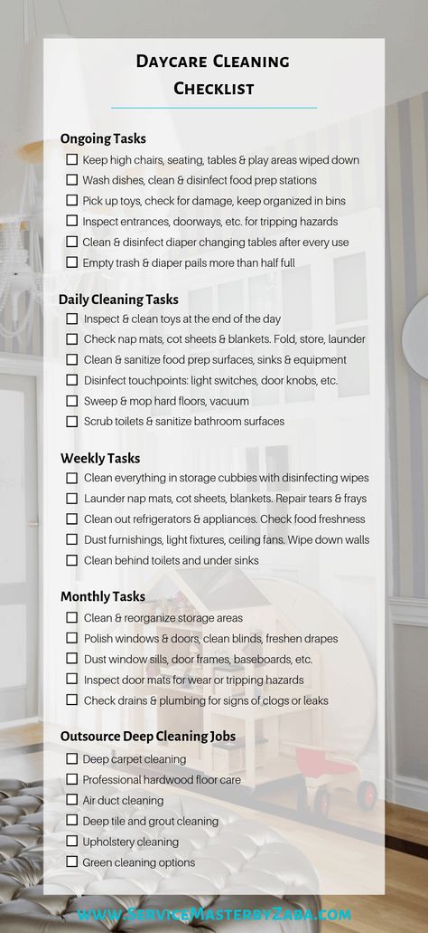 Daycare Cleaning Checklist: 5 Strategies That Will Keep Your Center Clean & Safe Daily Health Checklist Daycare, Important Daycare Forms, I'm Home Daycare Ideas, Infant Center Classroom, In Home Daycare Activities, Daycare Teacher Tips, Daycare Budget Template, Opening A Daycare Center Checklist, Gym Daycare Ideas