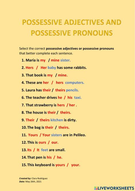 Possessive adjectives and pronouns interactive activity for FOURTH. You can do the exercises online or download the worksheet as pdf. Adjective Pronouns Worksheet, Posessive Pronouns, Possessive Adjectives Worksheets, Possessive Pronouns Activities, Possessive Adjectives And Pronouns, Possessive Pronouns Worksheet, Pronouns Exercises, Adjectives Grammar, Pronouns Worksheet