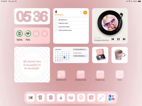 pink aesthetic ipad homescreen ios 17 ipad 9th gen vinyl md organize layout home screen cute pretty girly apple customized icons widgets Ipad Pink Homescreen Ideas, Cute Widgets For Ipad, Pink Widgets For Ipad, Ipad Pink Widget, Ipad Pink Layout, Ipad Home Screen Widgets, Ipad Homescreen Inspo Aesthetic, Pink Ipad Setup Homescreen, Pink Ipad Ideas