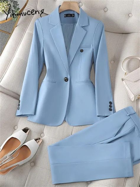 Womens Suits Business Power Dressing, Elegant Pants Suits, Costume Bleu, Formal Blazer, Costume Noir, Office Suit, Blazer Set, Business Wear, Business Formal