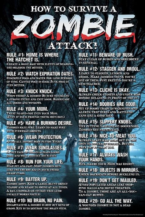 Amazon.com : Laminated How To Survive A Zombie Attack Rules Guide Horror Movie Spooky Scary Halloween Decorations Poster Dry Erase Sign 24x36 : Home & Kitchen Zombie Apocalypse Survival, Zombie Survival Guide, Makeup Zombie, Zombie Apocolypse, Zombie Attack, Dead Zombie, Apocalypse Survival, Evil Dead, Zombie Survival