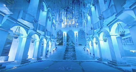 Picture Ice Room Fantasy Art, Ice Throne Room Fantasy Art, Ice Castle Fantasy Art, Ice Castle Interior, Ice Castle Aesthetic, Fantasy Throne Room, Ice Throne, Ice City, Frozen Room