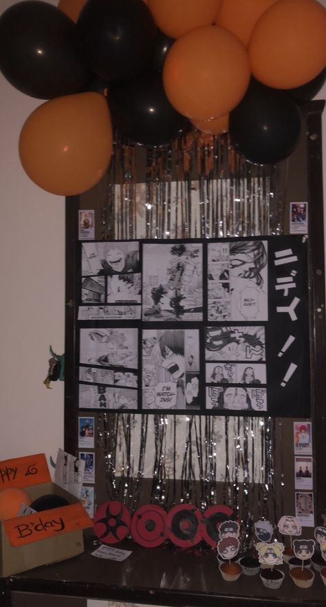 anime 
silver curtain
orange, black balloons 
manga panels
cupcake props with anime characters face stickers
anime cards
diy-cd sharinganeyes 
 anime birthday box with anime presents! Anime Themed Birthday Party Decor, Anime Theme Party Decorations, Anime Birthday Theme Ideas, Nana Themed Party, Anime Sweet 16 Birthday Parties, Haikyuu Birthday Party, Manga Party Ideas, Manga Birthday Party, Anime Party Ideas Decor