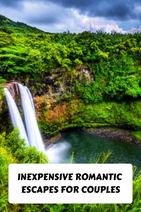 Lush green landscape with a waterfall under a cloudy sky, overlaid with text 'Inexpensive Romantic Escapes for Couples'. Romantic Couple Vacation, Places To Travel For Couples, Trips To Take With Your Boyfriend, Romantic Cities In The Us, Best Couple Vacations, Anniversary Staycation Ideas, Best Couple Vacations In The Us, Best Us Vacations For Couples, Best Couples Vacation Usa