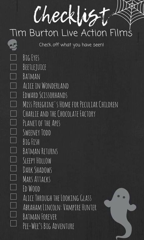 Scary Things To Be For Halloween, Tim Burton Movie Marathon, Tim Burton Movies List, Tim Burton Movies Aesthetic, Scary Movies List, Tim Burton Coraline, Tim Burton Drawing, Tim Burton Movies, Scary Movie List