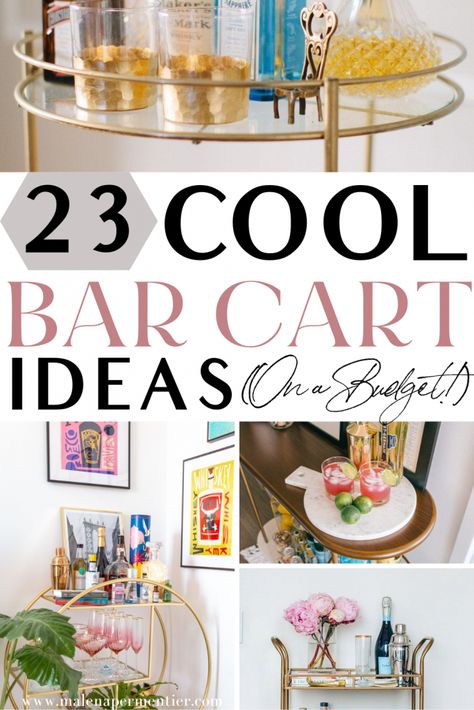 23 Cool Bar Cart Ideas Under $150 That Instantly Elevate Your Home Small Bar Cart Ideas Apartments, Tea Cart Ideas, Bar Cart Styling Apartments, Bar Cart In Living Room, Vintage Bar Cart Styling, Bar Cabinet Decor, Bar Cart Styling Ideas, Glam Bar Cart, Small Bar Cart