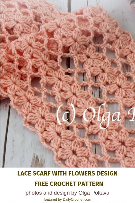 Lacy And Light Flower Scarf Crochet Pattern - Knit And Crochet Daily Flower Scarf Crochet, Crochet Minecraft, Crochet Flower Scarf, Flower Knit, Debbie Macomber, Crochet Scarf Pattern Free, Pola Amigurumi, Flower Scarf, Scarf Crochet