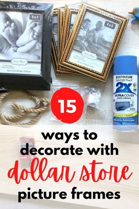 Decorate on a budget with these easy and cheap dollar store picture frame makeovers. Quick and cheap home decor ideas for your living room, kitchen, bedroom and bathroom. How to decorate on a dime with dollar tree picture frames. Decorate With Frames, How To Decorate With Picture Frames, Diy Picture Frame Collage Ideas, Picture Frames Decoration Ideas, Dollar Store Frames Makeover, Decorating A Picture Frame, Fall Picture Frame Ideas, Decorating Frames Ideas, Dollar Tree Picture Frame Centerpieces