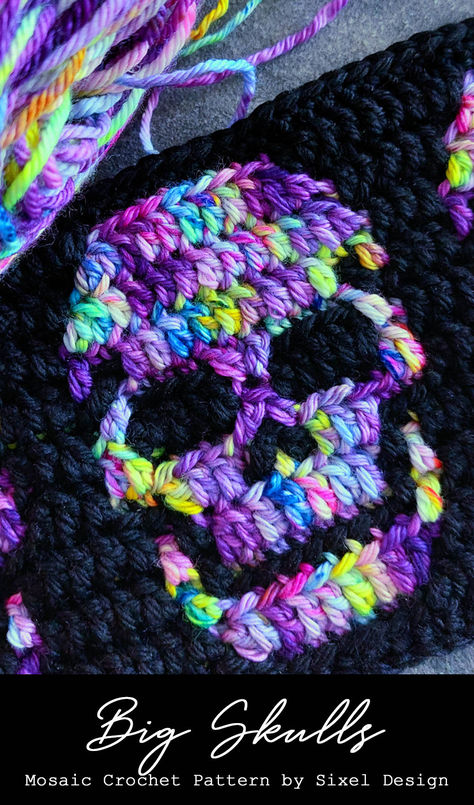 The original mosaic crochet skull pattern by Sixel Design, Big Skulls! Pattern includes instructions for a pillow, but you can follow the chart to create anything you like, from blankets to bags and more!  #mosaiccrochet #skullcrochet #skullpattern #skullart #skulls #halloweencrochet #gothcrochet #sixeldesign Patchwork, Amigurumi Patterns, Couture, Granny Square Chart Crochet, Crochet Skull Square Pattern, Skull Crochet Tapestry, Emo Granny Squares, Crochet Blanket Goth, Overlay Mosaic Crochet Tutorial