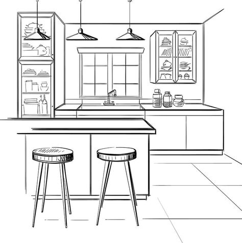 Bar stools in kitchen, sketch Kitchen Sketch, Interior Design Sketchbook, Stool Kitchen, Kursi Bar, Furniture Design Sketches, Kitchen Drawing, Kitchen Layout Plans, Interior Architecture Drawing, Plan Sketch