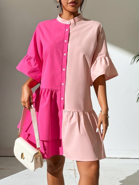 Pink Casual Collar Half Sleeve Polyester Colorblock Smock Embellished Non-Stretch  Women Dresses Colorblock Dress Pattern, Color Block Dress Pattern, Two Color Dress, Drop Sleeve Dress, Short One Piece Dress, Colorblock Fashion, Two Tone Shirt, Shirt Dresses For Women, Chiffon Shirt Dress