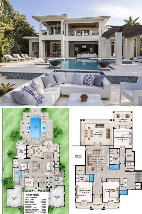 The luxurious house features a stylish outdoor living space set on the side of the swimming pool area. Find it in this 2 story southern Florida house plan with 4 bedrooms and 4.5+ bathrooms. See more of the modern and classy interior design of this tropical style home. View the full floor plan and get the blueprint at: https://www.architecturaldesigns.com/house-plans/spacious-tropical-house-plan-86051bw?cjevent=e24557a7830a11ea827804350a180511  #blueprint #floorplan #2story Bedroom Tropical Style, Private Resort, Florida Cottage, Large Driveway, Divider Design, Two Story Homes, Tropical Style, Villa Design, Modern House Exterior