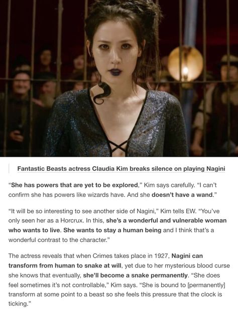 Fantastic Beasts: The Crimes of Grindelwald - Nagini - Claudia Kim Fantastic Beasts Funny, Nagini Fantastic Beasts, Nagini Harry Potter, Fantastic Beasts Book, Claudia Kim, The Crimes Of Grindelwald, Fantastic Beasts Series, Fantasic Beasts, Fantastic Beasts Movie