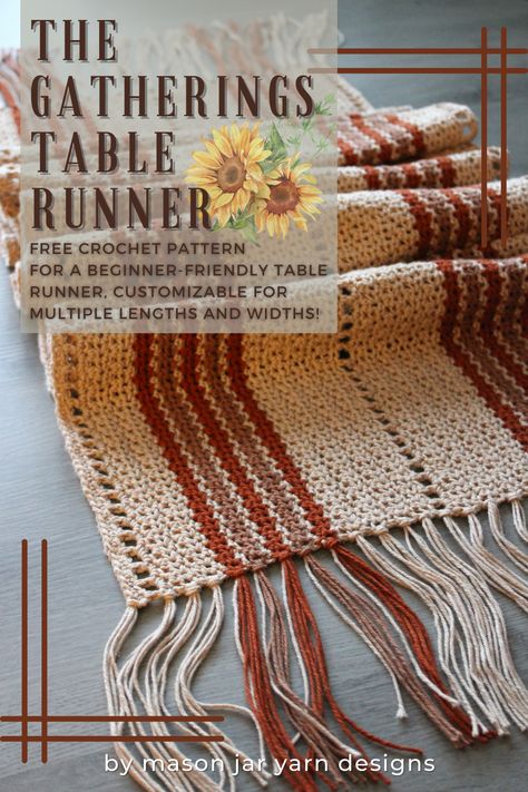 Bring elegance and understated simplicity to any gathering with The Gatherings Table Runner, an easy crochet table runner featuring basic stitches and durable cotton-linen blend yarn! This beautiful table runner is a timeless and classic addition to your special event and everyday decor. Available in multiple lengths and widths for easy customization! Amigurumi Patterns, Table Runner Crochet Pattern Free, Acrylic Yarn Crochet Projects, Crochet Placemats Free Pattern, Crochet Table Runner Free Pattern, Crochet Table Topper, Crochet Placemat Patterns, Runner Pattern, Table Runner Diy