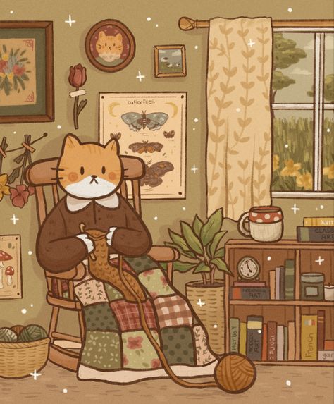 orange and white cat character sitting in a rocking chair with a blanket over her lap. she wears a brown collared sweater and is crocheting with orange yarn. the room she’s in is warm and cozy, and she’s seated by a window with a view of tall green grass and lush trees outside. there are dried flowers and vintage nature photos on the wall behind the cat, and a bookshelf filled with books beside her. Cottagecore Art, Autumn Illustration, Fairytale Art, Aesthetic Drawing, Autumn Art, Cute Doodles, Whimsical Art, Cute Illustration, Pretty Art