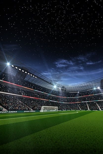 Empty soccer football stadium at night 3... | Premium Photo #Freepik #photo #sports-ground #stadium #football-ground #stadium-background Football Stadium Painting, Football Pitch Background, Football Ground Wallpaper, Football Ground Background, Background Football Design, Football Stadium Aesthetic, Football Background Design, Onam Quotes, Football Field Background