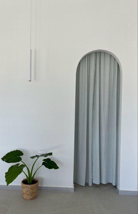 Arched Doorway With Curtain, Curtain In Archway, Curtains Doorway Entrance, Door With Curtain Ideas, Curtain Covered Wardrobe, Walk In Wardrobe Curtain Door, Walk In Wardrobe Curtain, Arch Door With Curtain, Kitchen Doorway Curtain Ideas