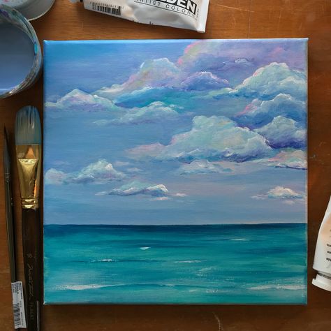 10”x10” acrylic on canvas seascape, cloud painting. Mini Canvas Art Clouds, Aesthetic Pictures To Paint On Canvas, Simple Seascape Painting, 10x10 Canvas Painting Ideas, Sunset And Night Painting, 10x10 Painting Ideas, 10x10 Canvas Painting, Painting Ideas On Canvas Clouds, Acrylic Seascape Paintings