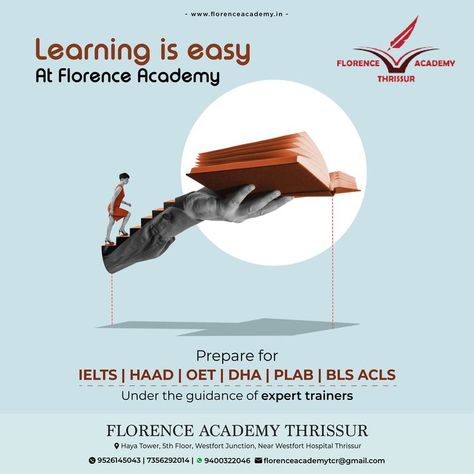 Looking for a top-notch IELTS coaching institute? Look no further than ours! We provide world-class instruction to help you ace the IELTS exam. Florence Academy Mother Teresa Institutions, Haya Tower, 5th floor Westfort Junction, Near West fort Hospital Thrissur, Kerala - 680004 📱: 9526145043, 7356292014 📧 : florenceacademytcr@gmail.com 🌐: www.florenceacademy.in Institute Advertisement Poster, Coaching Creative Ads, Ielts Creative Ads, Coaching Classes Advertisement, Institute Poster Design, Education Poster Creative, Ielts Poster, Ielts Ads, Education Creative Ads