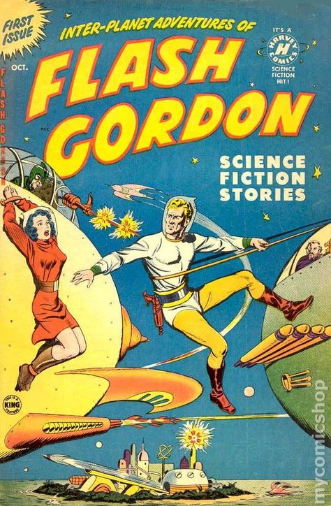 FLASH GORDON 1, GOLDEN AGE HARVEY COMICS                                                                                                                                                                                 Plus Flash Gordon Comic, Comic Book Art Style, Golden Age Comics, Sci Fi Comics, Flash Gordon, Classic Comic Books, Ligne Claire, Pulp Magazine, Bd Comics